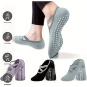 Resim Karışık renkli 3 çift yoga çorabı, tutuşlu çoraplar, çapraz kaydırmaz tutuşlu çoraplar Pilates bale direkleri için uygundur, silikon kaymaz dans sporları kapalı Pilates zemin fitness çorapları 