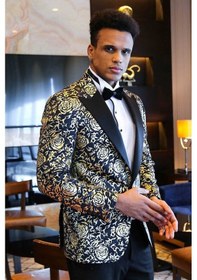 Resim Wessi Gold Gül Desenli Slim Fit Lacivert Erkek Smokin Ceket Lacivert 