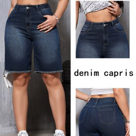 Resim Vintage Tarzı Kadın Diz Boyu Kot Şortlar - Klasik Mavi, Düz Kesim, Karışım, Makinede Yıkanabilir, Ham Kenar Detaylı, Günlük Moda | Eskitilmiş Kenar | Dokuma Doku, Kot Şortlar 
