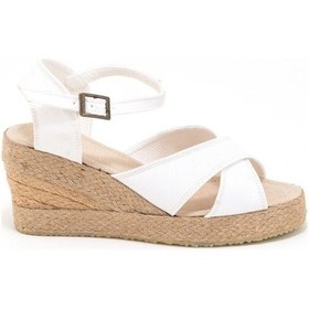 Resim Star Tombis Gerçek Elişi 9cm Topuklu Platformlu Dolgu Topuk Keten Çapraz Sandalet Handmade Beyaz 