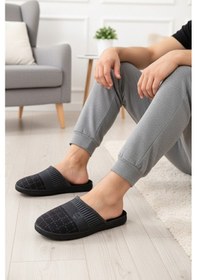 Resim Gezer Erkek Ev Terliği Mavi Kışlık Sıcak Astarlı Kaymaz Taban Rahat Yumuşak Ev İçi Terlik Siyah 