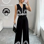 Resim Kadınların Beyaz Çiçek Detaylı, Geometrik Desenli, Düğmeli, Bol Bacaklı Pantolonlu, Bahar/Yaz İçin Mükemmel, Rahat Kıyafet|Çiçek Desenli Tulum|Elegant Kolsuz Üst, Tulum 