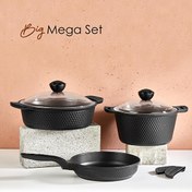 Resim Amboss Big Mega 6 Parça Cam Kapaklı Büyük Boy Granit Döküm Tencere Seti KUV-0992 