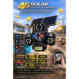 Resim IDS 20MP Ultra Hd 4 Lens Tam Kontrol Güneş Enerjili Kamera Sim Kartlı Dual LED 12XZOOM Çakar LED Siren 