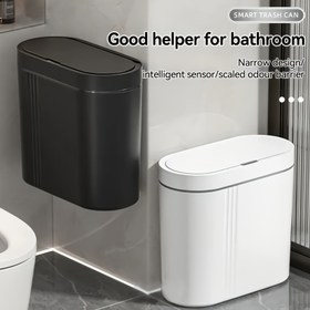 Resim Otomatik Sensörlü Çöp Kutusu - Duvara Monte Banyo, Mutfak ve Ofis için Büyük Kapasiteli Akıllı Çöp Kutusu, Kızılötesi Sensör, Yer Tasarrufu Sağlayan Oval Tasarım (Beyaz/Siyah) - Pil ile Çalışan (Pil Dahil Değildir), Modern Evler & Ticari Alanlar İçin İdeal, Dayanıklı Yapı, Dokunmatik Olmayan Kullanım, Ofis Yöneticileri 