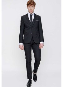 Resim Morven Siyah Yelekli Jakarlı Slim Fit Dar Kesim 6 Drop Erkek Takım Elbise Siyah 