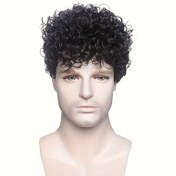 Resim Erkek Modası Kinky Kıvırcık Kısa Peruk, 25.4 cm Yüksek Sıcaklık Fiber, 130% Yoğunluk, Gül Ağı Kap, Günlük Giyim, Festivaller, Kulüpler, Cadılar Bayramı Kostümleri ve Partiler için Doğal Siyah 