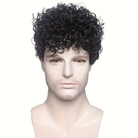 Resim Erkek Modası Kinky Kıvırcık Kısa Peruk, 25.4 cm Yüksek Sıcaklık Fiber, 130% Yoğunluk, Gül Ağı Kap, Günlük Giyim, Festivaller, Kulüpler, Cadılar Bayramı Kostümleri ve Partiler için Doğal Siyah 