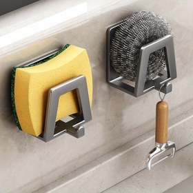 Resim Bir adet modern yapışkan lavabo depolama rafı askı, sünger ve sabun için metal mutfak düzenleyici, karbon çelik drenaj duvar askılığı lavabo dekoru ve alan tasarrufu için 