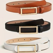 Resim Şık Dikdörtgen Toka İnce Kemer Düz Renk PU Deri Vintage Kemer Şık Pantolon Kemer Elbise Kuşağı Kadınlar İçin 