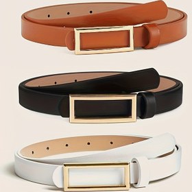 Resim Şık Dikdörtgen Toka İnce Kemer Düz Renk PU Deri Vintage Kemer Şık Pantolon Kemer Elbise Kuşağı Kadınlar İçin 