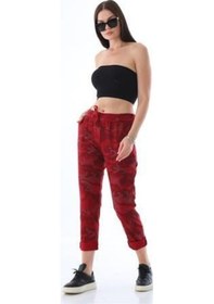 Resim Eren Style Italyan Beli Bağlamalı Kamuflaj Desenli Dar Paça Pantolon-9078 Kırmızı 