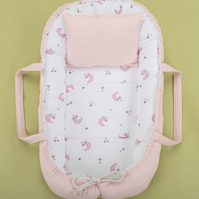 Resim Babynest ve Yastık - Çift Taraflı - Bebe Pembe Petek - Pembe Ay 