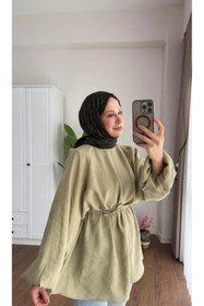 Resim MOONSC BALON KOL BEL BAĞLAMALI TESETTÜR GÖMLEK AÇIK HAKİ 