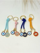 Resim Azrua 4 Adet Renkli İpli Nazar Boncuklu Anahtarlık Seti, Metal Göz Anahtarlıklar 
