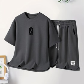 Resim Zhiyu OBM Erkek Yazlık Günlük Set, Yuvarlak Yaka Kısa Kollu Tişört ve Trend Baskılı Harfli İpli Bel Şort Takımı, %100 Polyester, Rahat Nefes Alabilen Kumaş, Koşu, Bisiklet Sürme, Yürüyüş için Uygun, Bol Kesim, 2 Parça Takım 