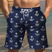 Resim Erkekler için 3D Çapa Baskılı Plaj Şortları - Hafif Polyester İpli Bel, Yazlık, Golf, Balıkçılık, Basketbol, Kamp, Spor Salonu ve Yüzme İçin Rahat Mayo 