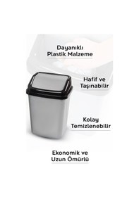 Resim Kapaklı Plastik Çöp Kovası - Ev Ofis Banyo Mutfak Çöp Kovası Gri 10 Litre Gri 