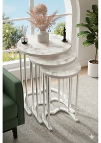 Resim Gümüş Beyaz Mermer Mdf 3 Lü Yuvarlak Zigon Sehpa Beyaz Mermer 