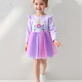 Resim Kızlar İçin Bahar Sonbahar Kış Fırfır Omuz Uzun Kollu Karikatür Tek Boynuzlu At Nakışlı Sevimli Prenses Elbise, Işıltağan Tül Etek, Şık Günlük ve Parti Giyimi 