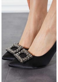 Resim Feles Kare Taş Detaylı Stiletto Kadın Topuklu Ayakkabı Siyah 