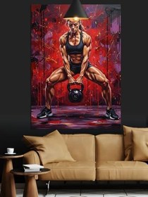 Resim Kettlebell Kaldıran Kadın Sporcu Dekoratif Kanvas - Mdf Ahşap Tablo 