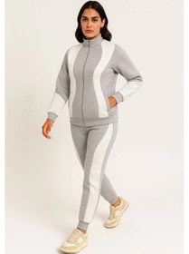 Resim Tarzyeri Kadın Premium Parçalı Eşofman Alt-üst Takım - Dik Yaka Fermuarlı Sweatshirt - Gri Beyaz 