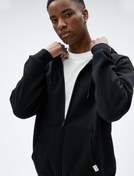 Resim Oversize Fermuarlı Sweatshirt Kapşonlu Cep Detaylı Etiket Baskılı Şardonlu 