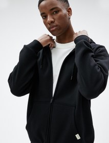 Resim Oversize Fermuarlı Sweatshirt Kapşonlu Cep Detaylı Etiket Baskılı Şardonlu 