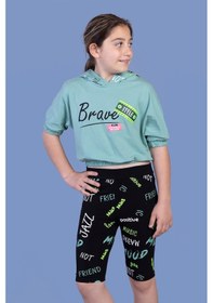 Resim Toontoy Kids Toontoy Kız Çocuk 2'li Takım Baskılı Kapüşonlu Kısa Kollu Crop Sweatshirt & Basic Düz Crop Tayt Yeşil 