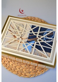 Resim Çiftlere Özel Kalpli Kadife Eş Seccade Ve Vav Detaylı İnci Tesbih Seti Hediye Kutulu, Çeyizlik Lacivert 