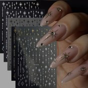 Resim 5'li Set Mini Yıldız Tırnak Çıkartmaları Altın Gümüş Siyah Beyaz Lazer Desenli Kendinden Yapışkanlı Manikür Aksesuarları 
