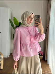 Resim RFK Butik Kadın Etek Üstü Önü Bağcıklı Balon Kol Kısa Tesettür Gömlek - Pembe 