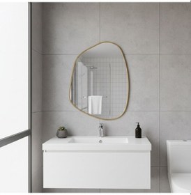 Resim 40x55 Cm Modern Asimetrik Banyo Aynası Altın Çerçeveli Organik Şekilli Duvar Aynası Altın 