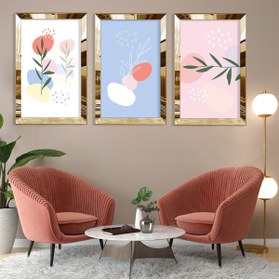 Resim Zevahir Mobilya Dekorasyon Minimalist Çiçek Soyut Desen Gold Pleksi Kenar Üçlü Mdf Tablo Seti 