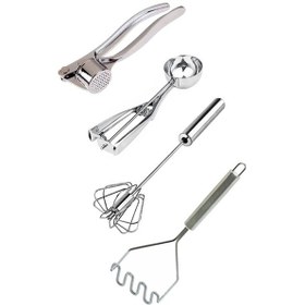 Resim Paslanmaz Çelik Sarımsak Ezici, Dondurma Kaşığı, Çırpıcı Ve Patates Ezici Gri 