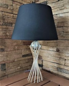 Resim Gümüş Kaplama Burgu Metal Ayaklı Kristal Cam Toplu Siyah Kumaş Şapkalı Abajur Masa Lambası 