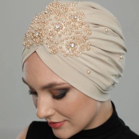 Resim Elysianfidan Kopma Astarlı Işlemeli Bej Dantel Motifli Hazır Türban Tesettür Abiye Bone Bej Dantel 