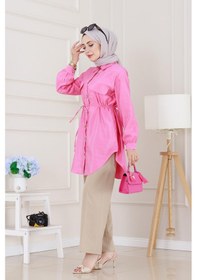 Resim Sevitli Cep Kapaklı Beli Bağcıklı Tunik-pembe-5155 Pembe 