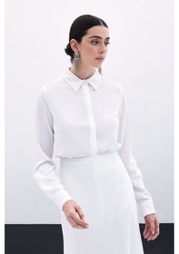 Resim Sateen Payet Detaylı Klasik Gömlek - Ekru 