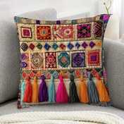 Resim 1 Adet 45.72x45.72 cm Fas Zellige Karo ve Deve Nakışlı Yastık Kılıfı - Çift Taraflı Yumuşak Peluş, Canlı Çok Renkli Retro Tasarım, Fermuarlı, Makinede Yıkanabilir Koltuk Dekoru İçin (İç Dolgu Dahil Değildir), Kanepe için Atma Yastıkları 