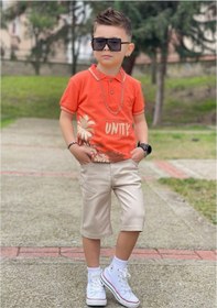 Resim Palmiye Baskılı T-shırtlü Kaprili Erkek Takım Turuncu/bej 