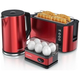 Resim Su Isıtıcı, Tost Makinesi Ve Yumurta Pişirici Seti, Paslanmaz Çelik, Kırmızı, 1.5 Litre 