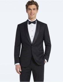 Resim Siyah Düz Slim Fit Şal Yaka Dokuma Smokin Takım Elbise Siyah 