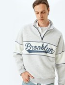 Resim Kolej Baskılı Yarım Fermuarlı Renk Bloklu Şardonlu Pamuk Karışımlı Oversize Sweatshirt 