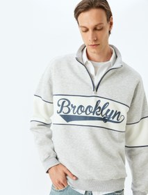 Resim Kolej Baskılı Yarım Fermuarlı Renk Bloklu Şardonlu Pamuk Karışımlı Oversize Sweatshirt 