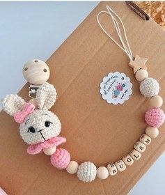 Resim Emzik Zinciri Amigurumi Emzik Tutucu Beyaz - Pembe 