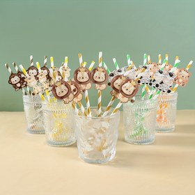 Resim 6 Adet, Yaratıcı Hayvan Kağıt Pipetler, Sevimli Aslan Kaplan Pipetler, Açık Hava Doğum Günü Partisi Süsleri 