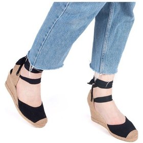 Resim Gerçek Elişi Arkası Açık Geniş Ipli Burnu Hasırlı Dolgu Topuk Keten Kadın Espadril Handmade Siyah 