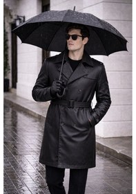Resim Erkek Modern Kalıp Trençkot - Kemerli, Çift Düğmeli, Zamansız Tasarım Siyah 
